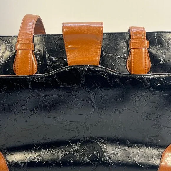 Gigi Hill Women's Black Brown Leather Tote Bag Floral Lining Shoulder Purse - Picture 9 of 9